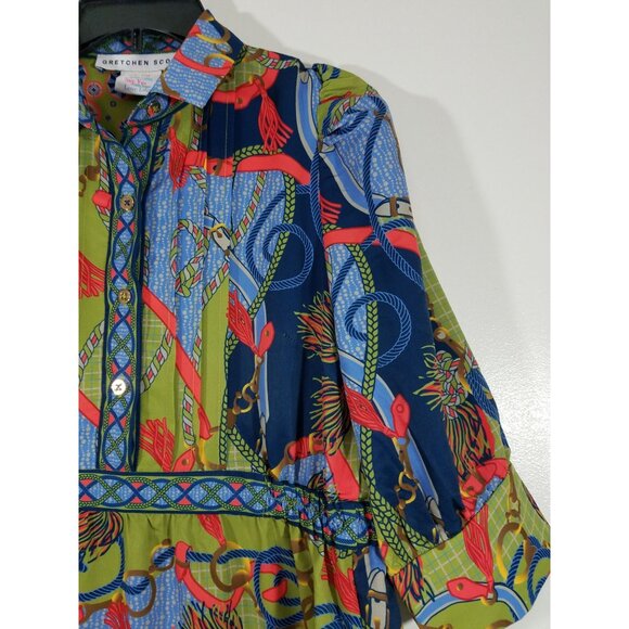 Gretchen Scott Damsel Midi Dress Ditto Print Olive Tiered Style Button Front - Picture 4 of 8